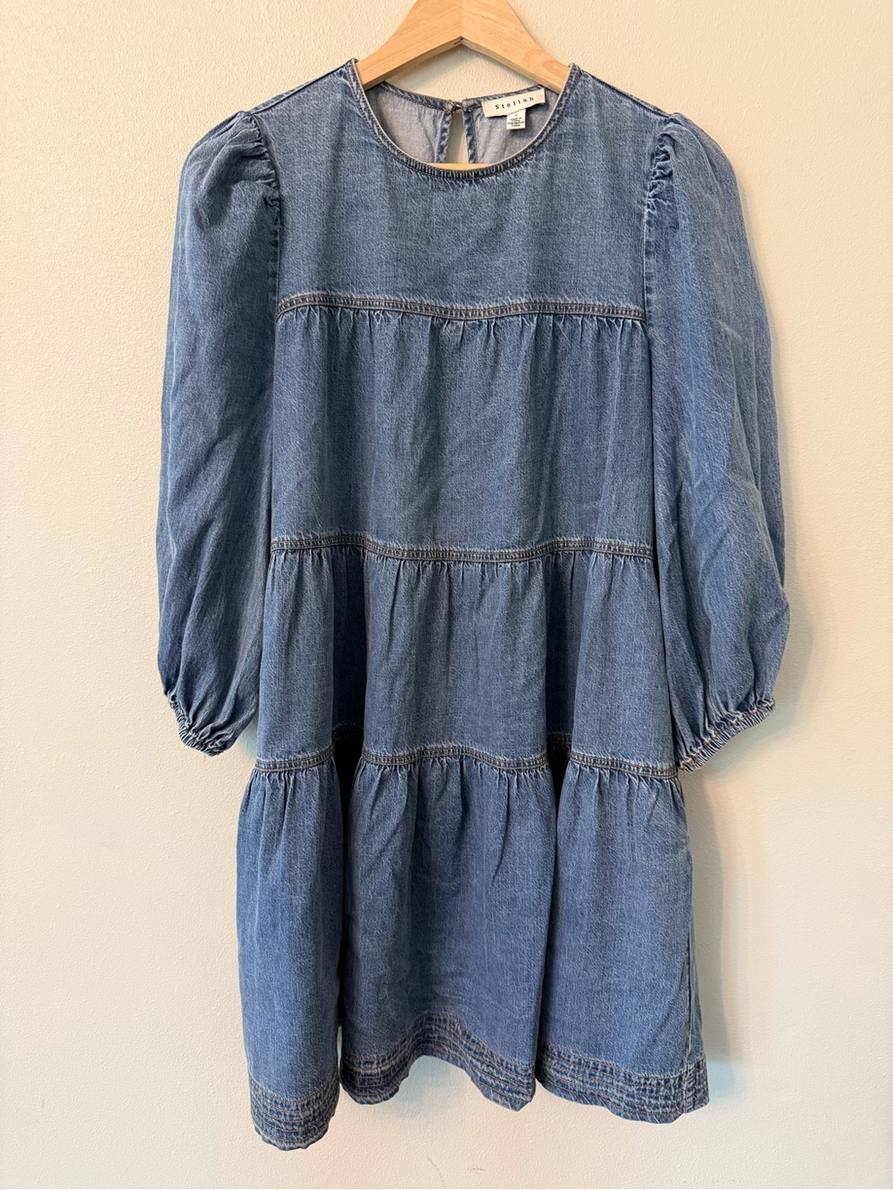 Stellah Tiered Denim Mini Dress Blue Puff Sleeve Babydoll Size S - Picture 4 of 8